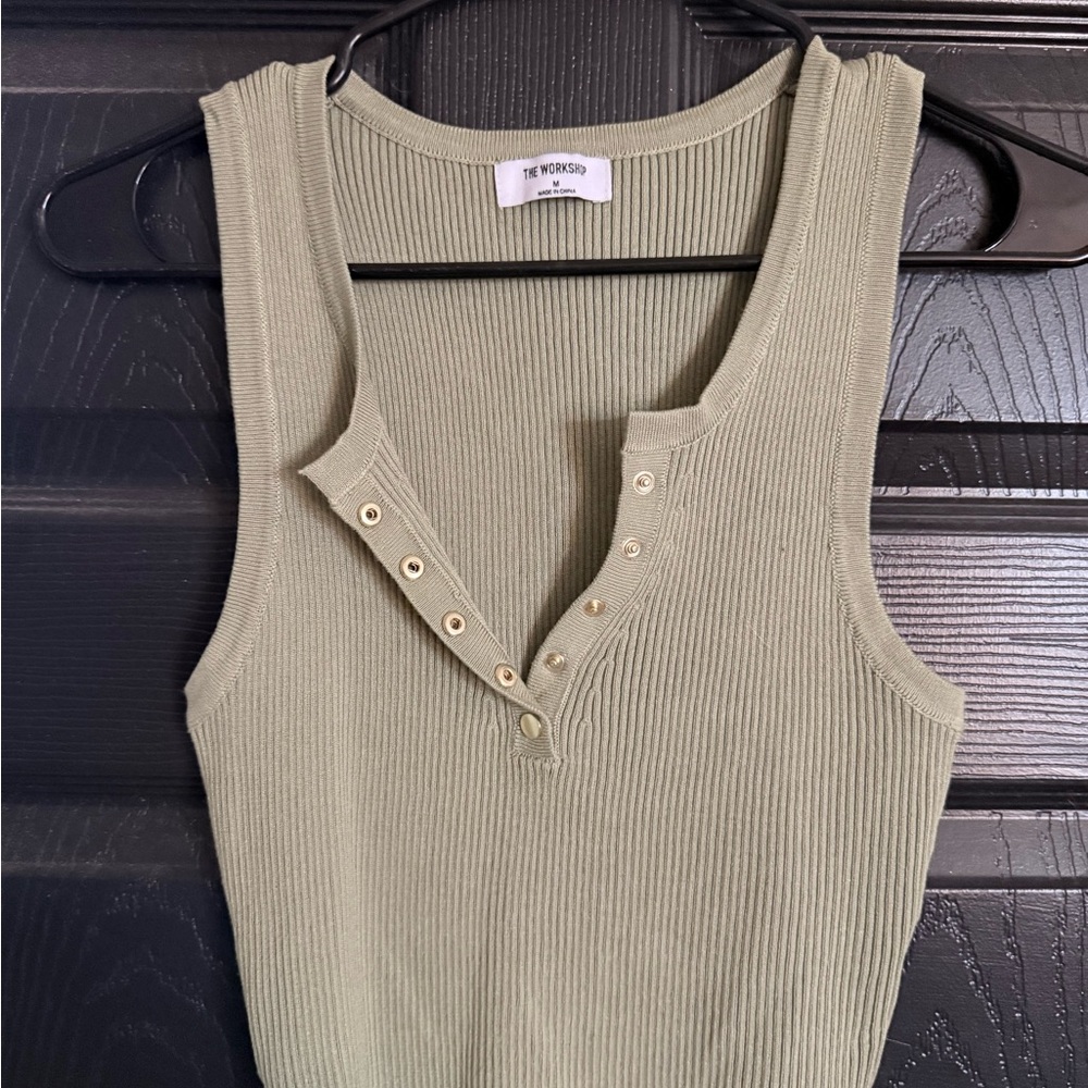 The Workshop Ribbed Henley Tank Top in Sage Green